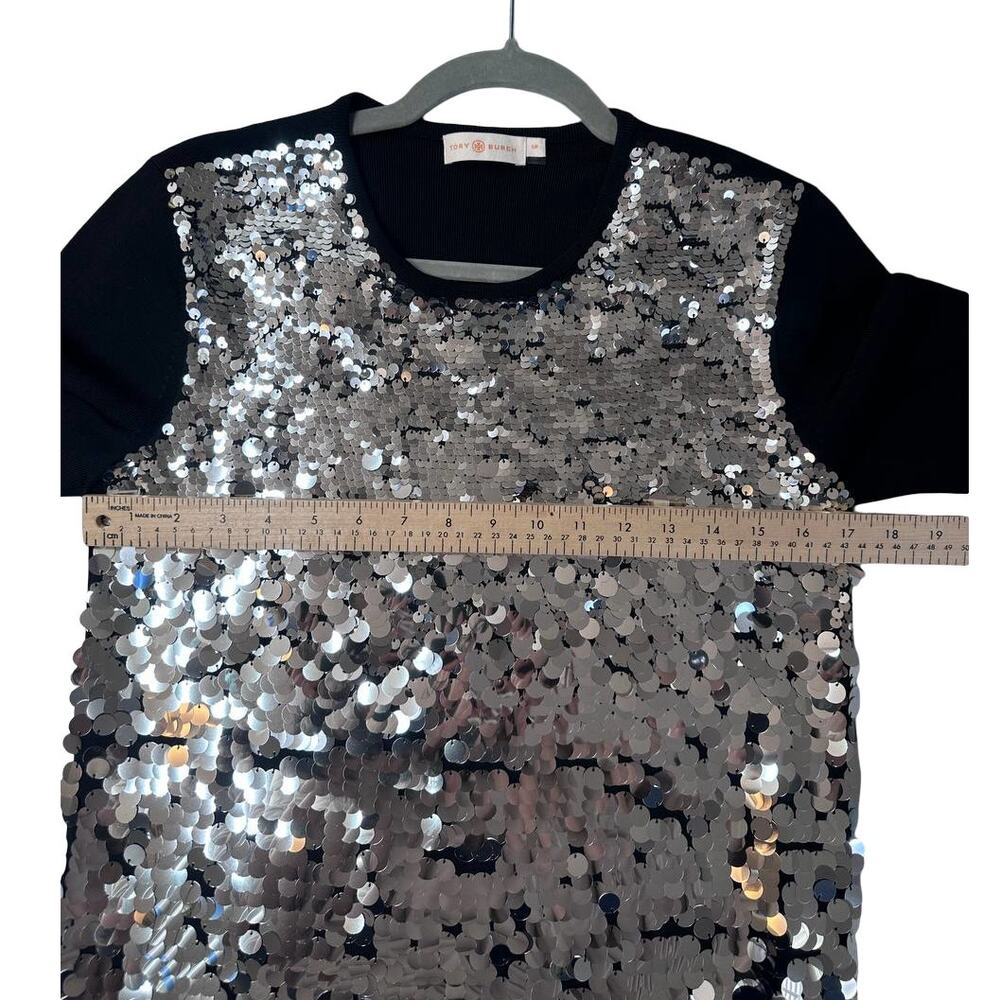 Tory Burch Silver Sequin Shirt Dress Black Knit S Short Sleeve Party Event - Picture 8 of 10